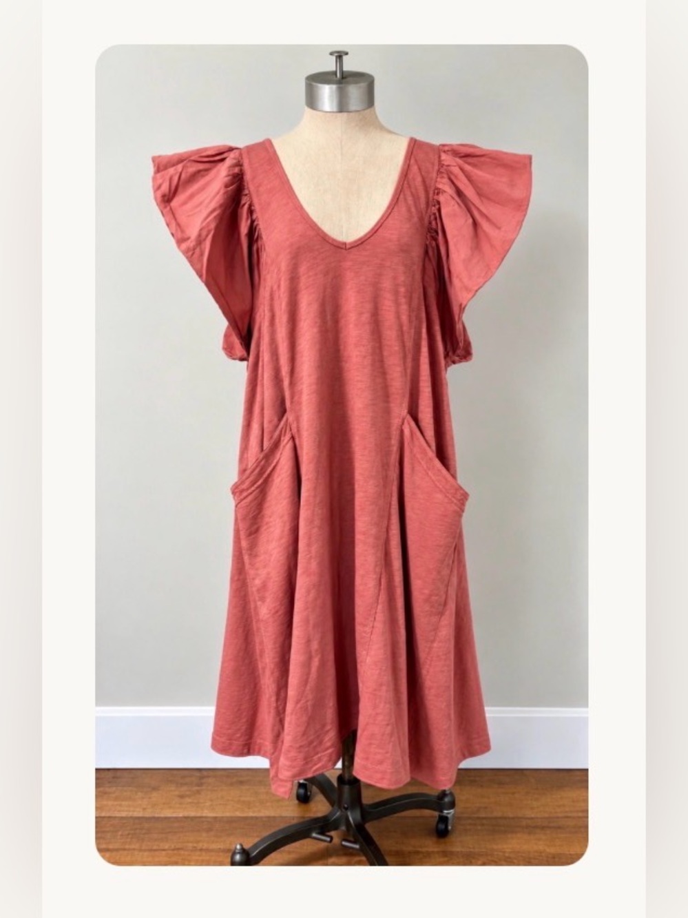 V-Neck Flutter Sleeve Midi Dress in Dusty Coral anthropology Daily Practice XL